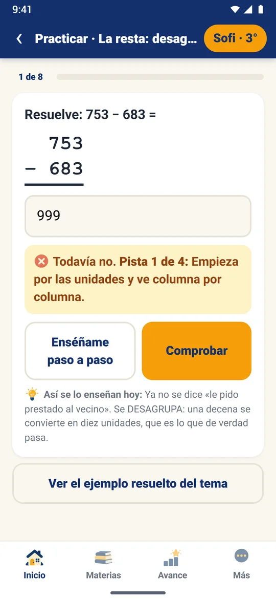 Pantalla de práctica con una pista: «Todavía no. Pista 1 de 4»