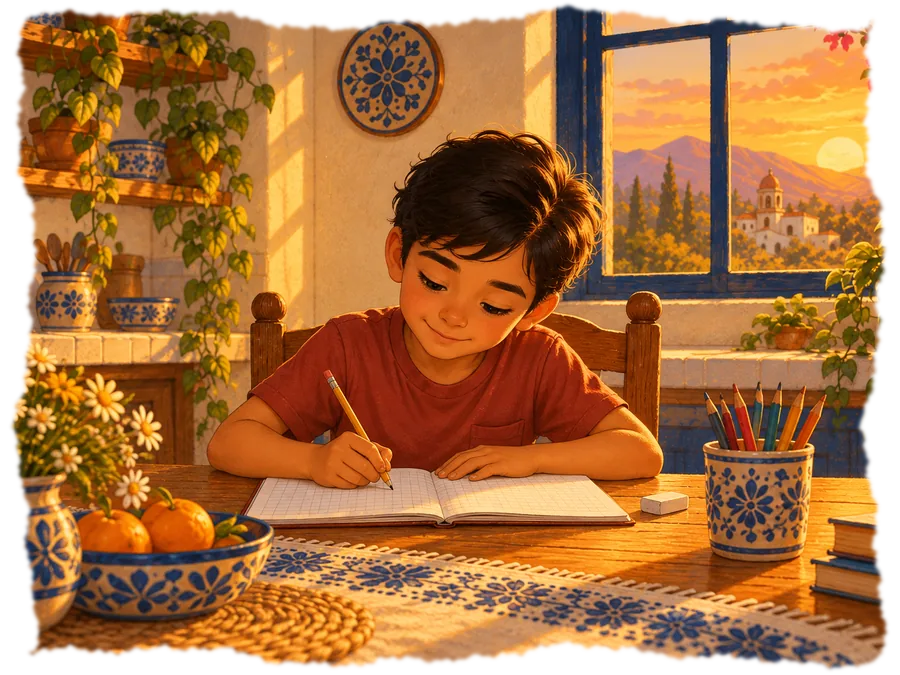 Ilustración de un niño haciendo su tarea con lápiz